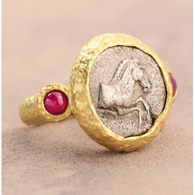 Ancient Greece Silver Horse Coin in hand-made 18kt Gold Ring with Rubies circa 470-460 B.C.